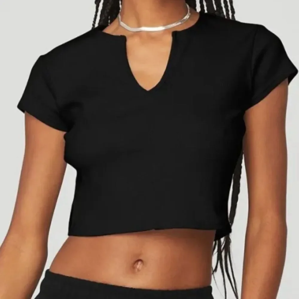 ALO YOGA Black Ribbed Cropped Savvy Short Sleeve Active Lounge Shirt Top Size XS